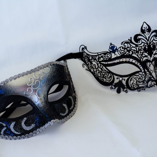 His and hers masquerade silver and black masks, couples masquerade masks, perfect for masquerade gala events, new years masquerade parties