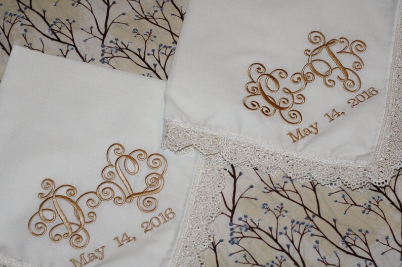 bride embroidered wedding handkerchief Set of 2 Interlock font bride wedding gift and momento bride and groom wedding initials