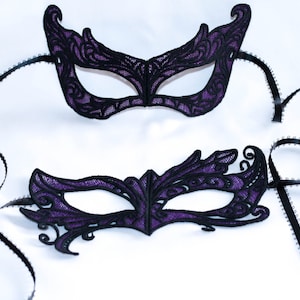 Couples masquerade masks, his and her masquerade masks, set of two lace masks, Black and purple masks for masquerade ball parties