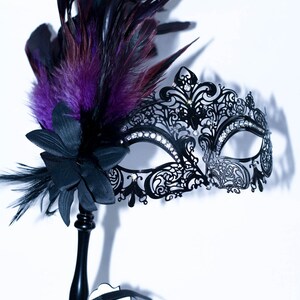 masquerade mask, masquerade mask with a stick and purple feathers, laser cut metal mask black and white crystals image 4