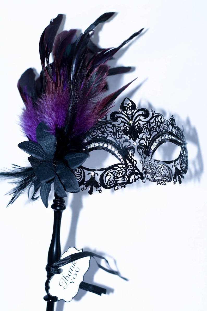 masquerade mask, masquerade mask with a stick and purple feathers, laser cut metal mask black and white crystals image 4