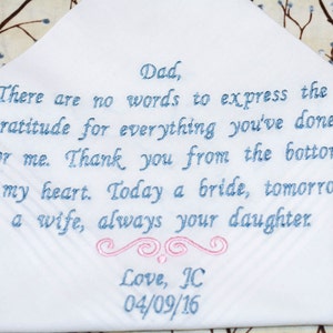 Father of the bride embroidered wedding handkerchief, Father of the groom wedding handkerchief and mother of the bride wedding handkerchief