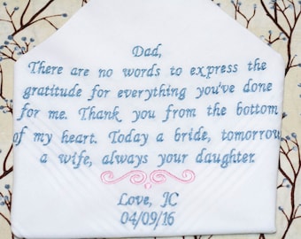 Father of the bride embroidered wedding handkerchief, Father of the groom wedding handkerchief and mother of the bride wedding handkerchief