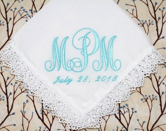 Wedding personalized monogram interlock bride handkerchief or bridesmaid wedding gift, wedding keepsake, Something blue, Something old