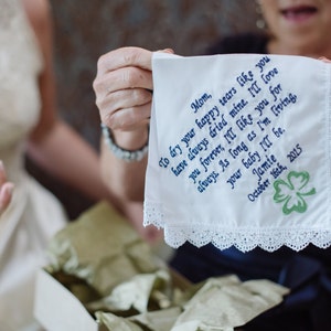 Set of two wedding embroidered handkerciefs, personalized wedding hankies for mother of the bride and father of the bride