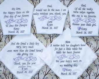 Set of 5 wedding embroidered handkerchiefs with personalized verse for mother of bride, mother of groom, groom wedding gift, father of bride