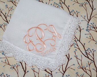 Wedding personalized monogram interlock bride handkerchief or bridesmaid wedding gift, wedding keepsake