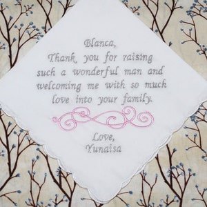 mother of the groom embroidered wedding handkerchief, mother of the bride handkerchief also father of the bride hankie