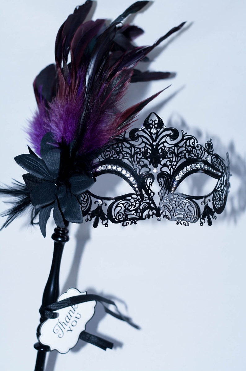 masquerade mask, masquerade mask with a stick and purple feathers, laser cut metal mask black and white crystals image 2