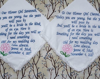 Set of 2 flower girl wedding handkerchiefs, Bride's maid  Embroidered Wedding handkerchief, wedding hanky