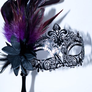 masquerade mask, masquerade mask with a stick and purple feathers, laser cut metal mask black and white crystals image 3