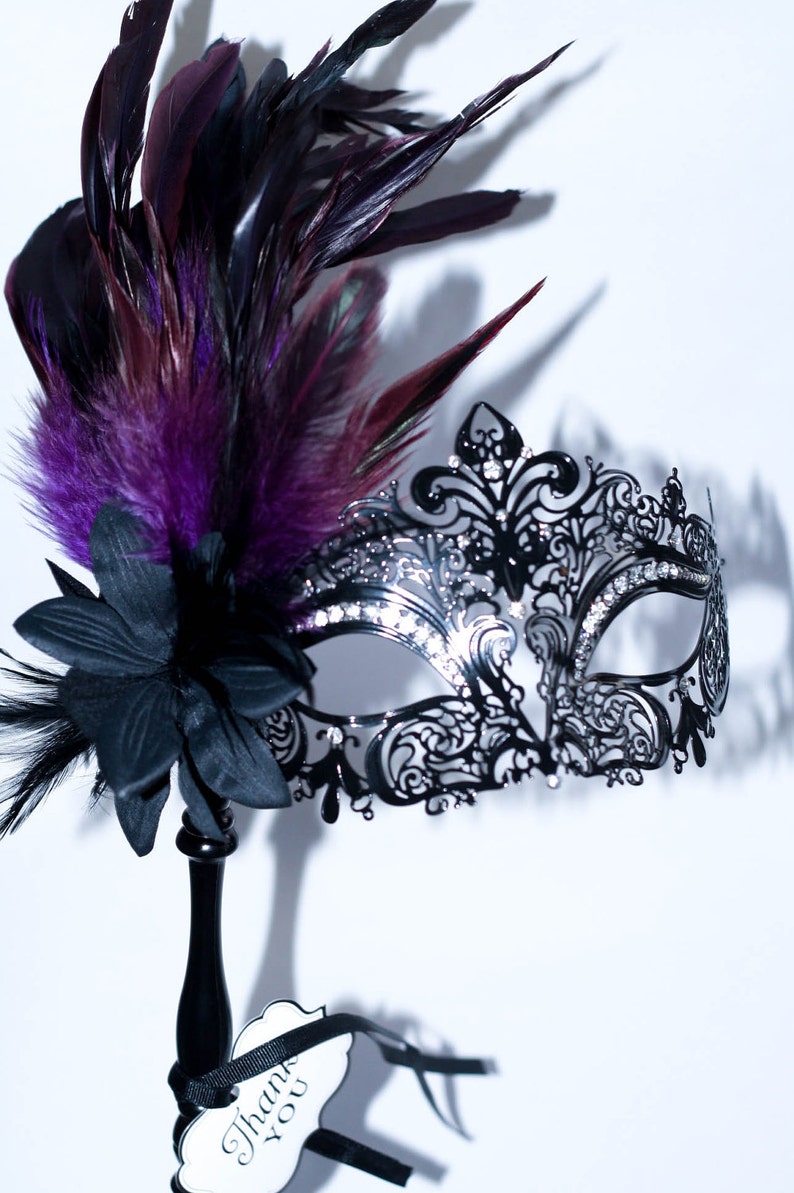 masquerade mask, masquerade mask with a stick and purple feathers, laser cut metal mask black and white crystals image 3