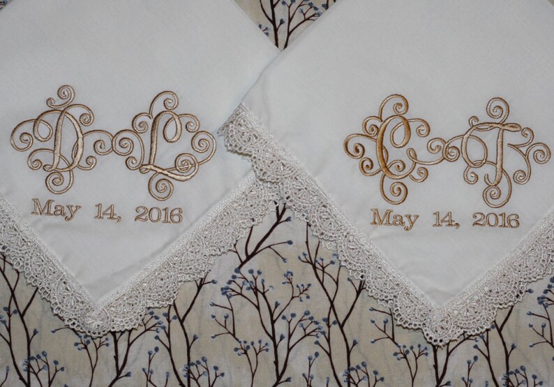 bride embroidered wedding handkerchief Set of 2 Interlock font bride wedding gift and momento bride and groom wedding initials