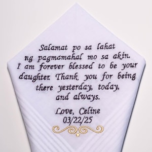 Father of the bride embroidered wedding handkerchief, Father of the groom wedding handkerchief and mother of the bride wedding handkerchief
