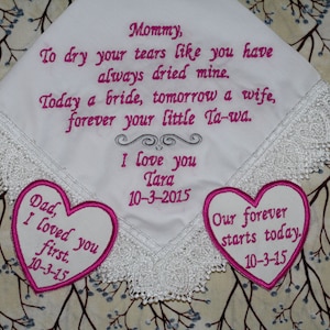 Embroidered wedding handkerchief and  set of 2 wedding heart tie patches, Mother of the bride, father of the bride and groom wedding gift