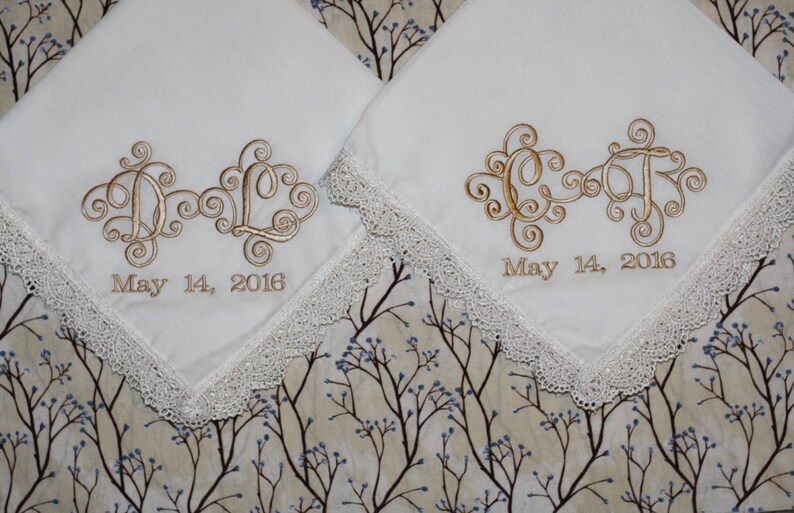 bride embroidered wedding handkerchief Set of 2 Interlock font bride wedding gift and momento bride and groom wedding initials