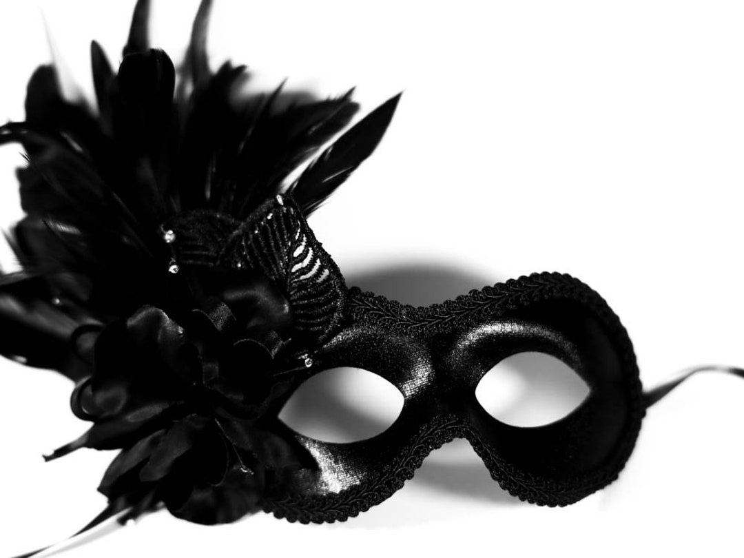 Phantom Black Masquerade Mask With Feathers, Hers Masquerade Mask for