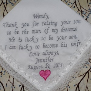 mother of the groom embroidered handkerchief, embroidered wedding hanky for mother of the groom, wedding favor