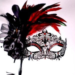 Masquerade mask, masquerade mask with stick and feathers, laser cut metal mask black and red crytals
