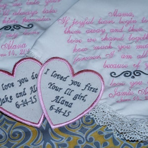 mother of the groom, mother of the bride wedding handkerchiefs with iron on wedding tie patch for groom and father of the bride