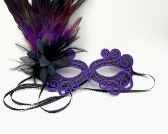 Purple/ plum masquerade lace mask, Black lace and violet masquerade mask with feathers, halloween masked masquerade mask