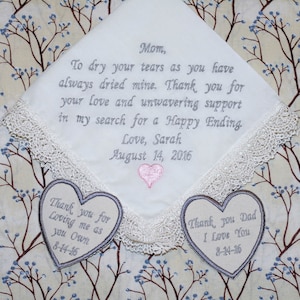 Embroidered wedding handkerchief and  set of 2 wedding heart tie patches, Mother of the bride, father of the bride and groom wedding gift