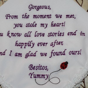 Groom wedding gift to the bride, Bride wedding embroidered handkerchief, groom wedding note to the bride, groom personalized gift to bride