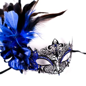 Masquerade mask, masquerade mask with a blue flower and blue feathers, laser cut metal mask black and blue crystals and blue feathers