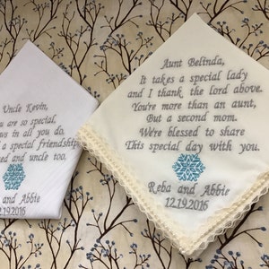 Aunt of the bride handkerchief, wedding embroidered handkerchiefs, Uncle of the bride and Auntie of the groom wedding handkerchiefs