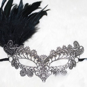 Masquerade mask, lace masquerade silver with black mask with black feathers, metalic silver with black mask perfect for masked ball parties