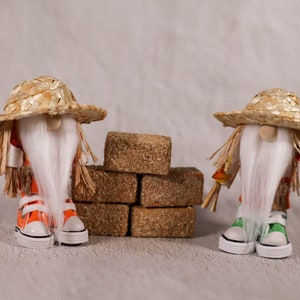 May include: Two gnomes wearing straw hats and orange and green outfits stand in front of a stack of hay bales. The gnomes have white beards and are wearing trainers.