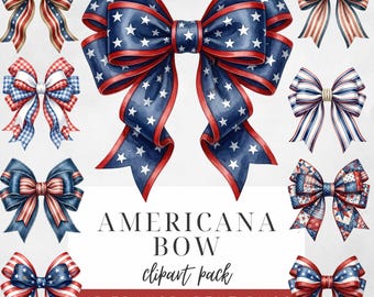 Patriotic Bows Clipart Bundle PNG, 43 Watercolor Americana Bows, Fourth of July Ribbon, Farmhouse, America 250, Commercial Use