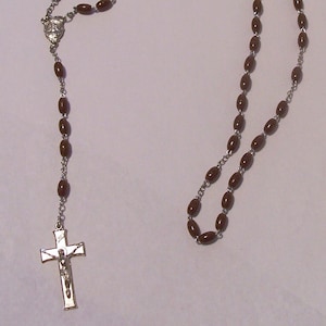 Vintage Rosary ~ Light Brown Prayer Beads ~ Silver Toned Cross