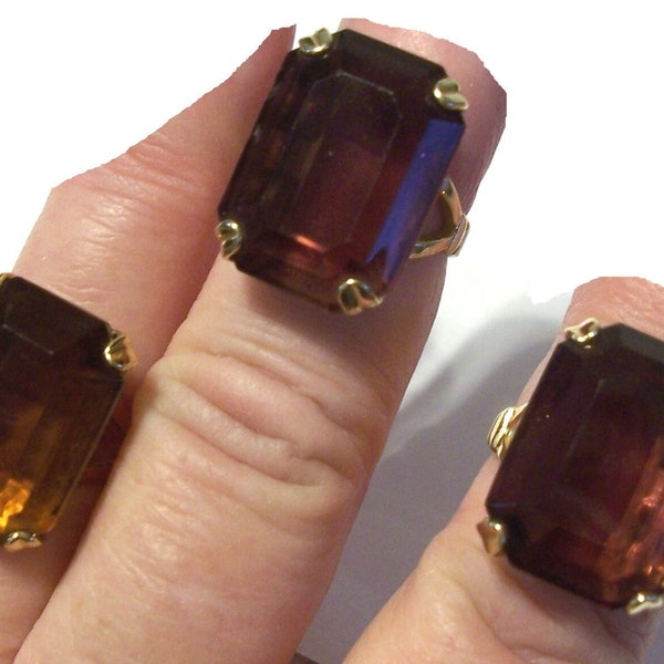 Three Vintage Avon Cocktail Rings ~ Multi Faceted Rhinestone ~ Gorgeous Color ~ Gold Tone Setting ~ Signed AVON ~ Size 5 | 5.75 | 6.75