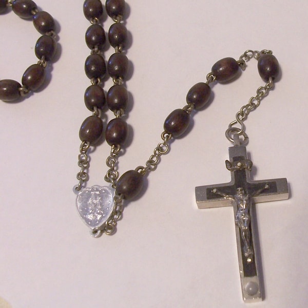 Vintage STANHOPE Rosary ~ Stanhope Pictures ~ Brown Wooden Prayer Beads ~ Hallmarked Germany