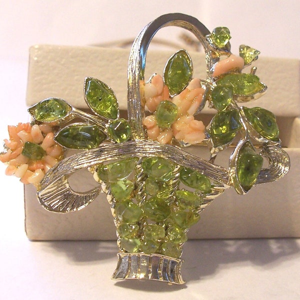 Vintage Early DODDS Green Olivine and Pink Coral Basket Brooch ~ Signed 11 W 30 St Inc ~ Information Letter