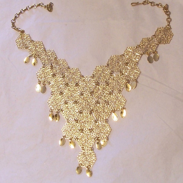 Gorgeous VENDOME Bib Necklace With Matching Earrings ~ Snowflake Gold Tone Chain Style ~ Hallmarked