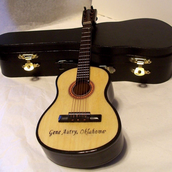 Vintage GENE AUTRY Oklahoma Souvenir Music Box ~ Miniature Guitar in Black Case