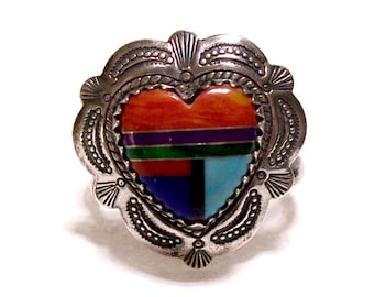 Vintage Quoc Sterling Silver Heart Ring ~ Turquoise and Multi-Stone ~ Size 8.5 ~ 4.6 Grams
