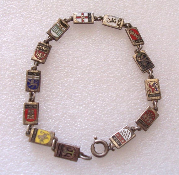 Vintage German Silver Travel Charm Bracelet ~ Enamel Shields of Cities ~ Hallmarked ~ 7.9 Grams