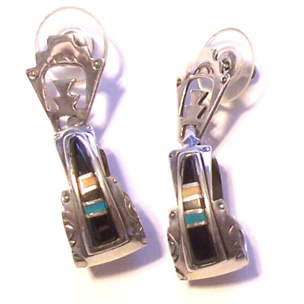 BETTY THOMAS SANEL ~ Navajo Artist ~ Sterling Silver Earrings ~ For Pierced Ears ~Stone Inserts ~ Hallmarked ~ 7.3 Grams