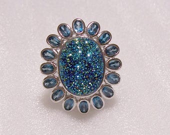 Sterling Silver Druzy Cocktail Ring ~ Irregular Shape ~ Sparkling Color ~ Hallmarked ~ 13.9 Grams