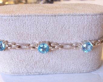 Vintage Baby Blue Rhinestone Sterling Silver Link  Bracelet ~  Slide Clasp ~ Safety Latch Closure ~ Hallmarked 925