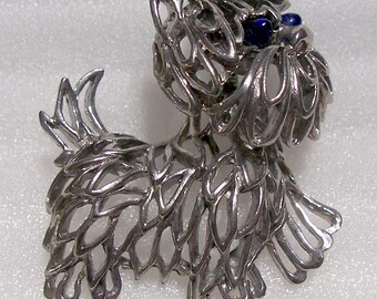 Vintage PARKLANE Trembler Puppy Brooch Pin ~ Open Silver Tone Design With Deep Blue Glass Eyes ~ Designer Signed