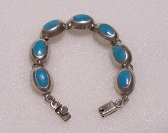 Vintage Mexico 925 Turquoise Bracelet ~ Seven Stones ~ Older Clasp ~ 39.8 Grams