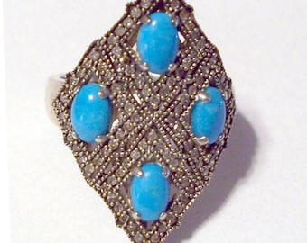 RARITIES Carol Brodie Sterling Silver Ring ~ Sleeping Beauty Turquoise and Moissanite Gemstones ~ Size 8 ~ Hallmarked ~ 6 Grams