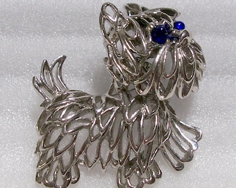 Vintage PARKLANE Trembler Puppy Brooch Pin ~ Open Silver Tone Design With Deep Blue Glass Eyes ~ Designer Signed