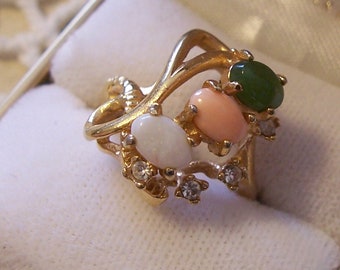 Beautiful ANA BEKOACH 18K HGE ~ Faux Opal, Coral, Jade Cabochons ~ Rhinestone Accents ~ Signed With Capital A in Circle ~ Ring Box Included