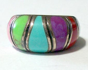 Vintage Sterling Silver Ring ~ Colorful Inserts ~ Hallmarked 925 Thailand