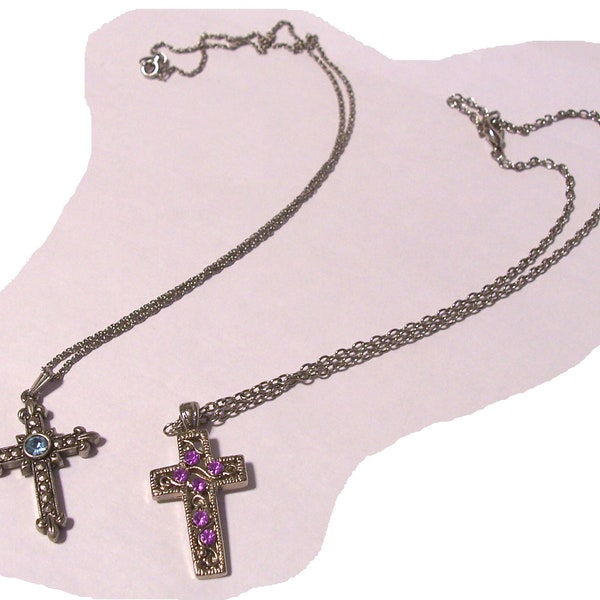 Choice of Two Vintage Cross Necklaces ~ Light Purple Rhinestones ~ Blue Rhinestone ~ Marcasites ~ One Signed Avon ~ Swirl Design